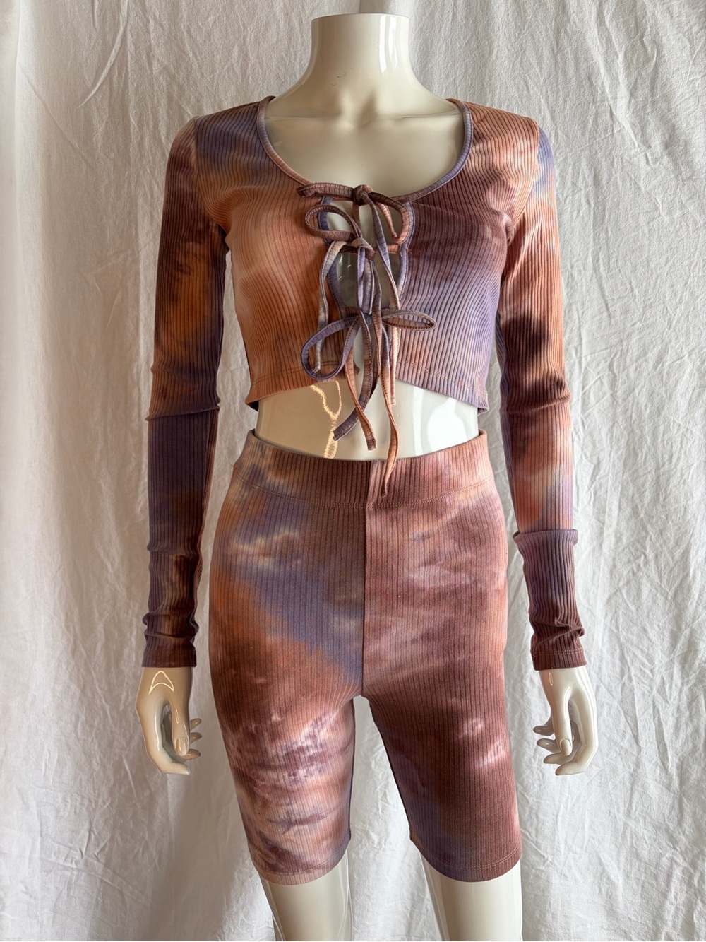 Tic Toc Tie-Dye Ribbed Lace-Up Crop Top & Biker Shorts Set - Purple Brown